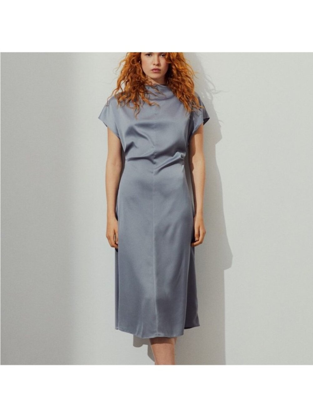 H&M Satin Drape Cap Sleeve Midi Dress Slate Gray Size Small NEW